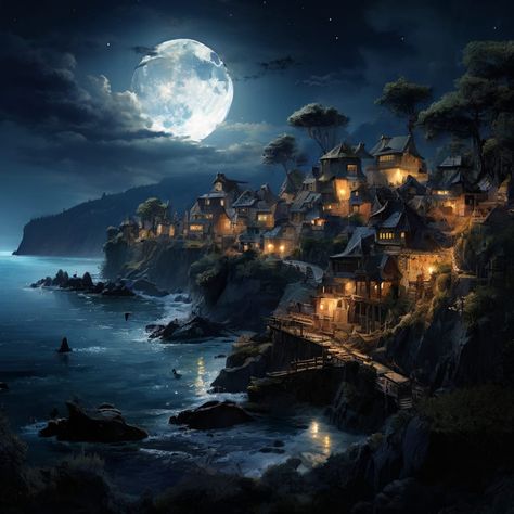 a stunning village by the sea at full moon Village By The Sea, Forest Moon, Digital Painting Techniques, Nft Marketplace, By The Sea, Creative Inspiration, Painting Techniques, Full Moon, Art Tutorials