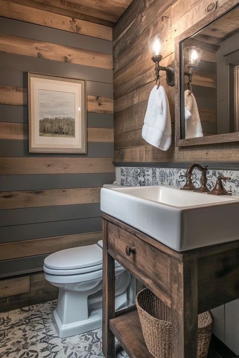 "Add rustic elegance to your bathroom with Farmhouse Chic Decor! 🛁🌾 A great way to create a warm and welcoming atmosphere. 🌿✨ #FarmhouseInspo #BathroomDesign #ChicStyle" Bathroom Design Farmhouse Style, Hill Country Bathroom, Rustic House Remodeling Ideas, Rustic Bathroom Designs Small Spaces, Rustic Half Bathroom, Barndominium Bathroom, Farm Bathroom Ideas, Cabin Bathroom Remodel, Farmhouse Restroom