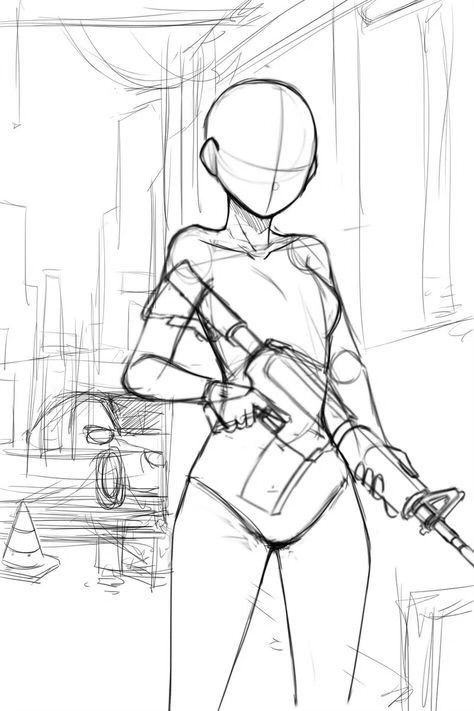 Action Figures Drawing, Sketches Full Body Figure Drawing, Zombie Apocalypse Drawing Base, Swordsman Poses Drawing Reference Female, Female Standing Reference, Cyberpunk Art Reference, Female Anime Body Reference Poses, Muscular Woman Sketch, Lifting Shirt Drawing Pose