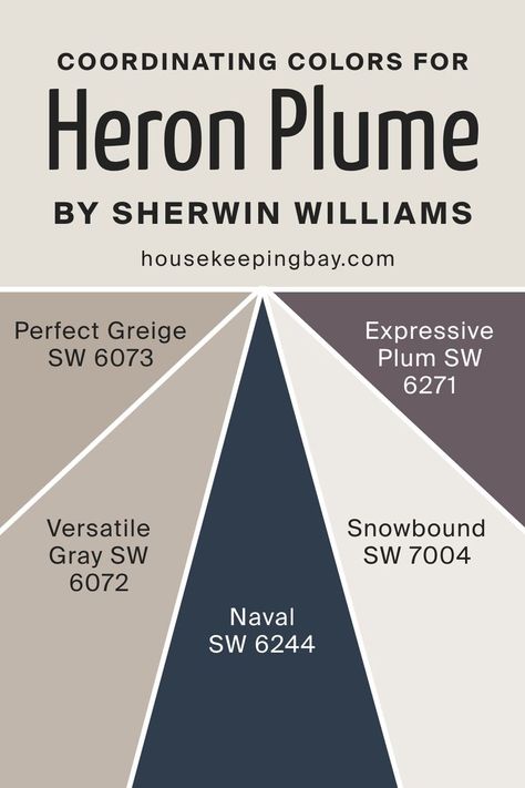 Heron Plume SW 6070 Coordinating Colors by Sherwin-Williams Herron Plume Sherwin Williams, Heron Plume Sherwin Williams Exterior, Heron Plume Sherwin Williams Living Room, Sw Naval Coordinating Colors, Sw Heron Plume, Heron Plume Sherwin Williams, Sherwin Williams Heron Plume, Expressive Plum, White Dove Sherwin Williams