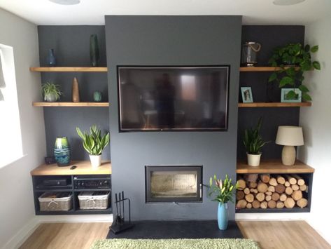 Blue Accent Tv Wall Living Room, Alcove In Wall, Small Snug Room Ideas Cozy, Media Wall On Small Wall, Alcove Fireplace Ideas, Black Alcoves Living Room, Fireplace Alcove Ideas Living Room, Living Room With Alcoves, Chimney Wall Ideas No Fireplace