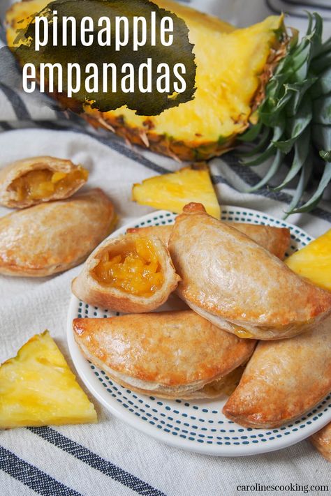 These pineapple empanadas have a delicious sweet-tart fruity filling wrapped in crisp pastry with a hint of cinnamon. They make a great snack or treat, perfect for any excuse. Pina Empanadas Recipe, Pineapple Puff Pastry Desserts, Sweet Empanadas Filling, Pineapple Empanadas Mexican, Pineapple Rings Recipes, Pineapple Empanadas Recipe, Fruit Empanadas Recipe, Empanadas Dessert, Fruit Empanadas