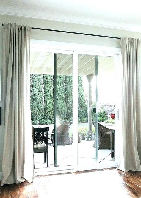 Curtains To Cover Closet, Glass Door Curtain Ideas, Sliding Glass Door Curtain Ideas, Door Curtain Ideas, Glass Door Curtain, Grey Curtains Bedroom, Bedroom Sliding Door, French Door Curtain Panels, French Door Window Treatments