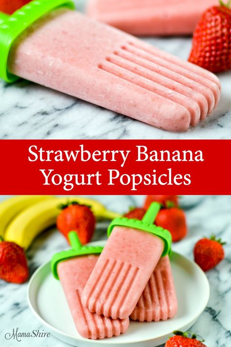 Strawberry Banana Yogurt Popsicle Recipe. Cool off with this refreshing and delicious combination of strawberries and bananas with this strawberry banana yogurt popsicle recipe. Dairy-free #dairyfreepopsicles #strawberrybananapopsicles #dairyfreedessert #popsicles #fruitpopsicles Strawberry Banana Popsicles, Strawberry Yogurt Popsicles, Yogurt Popsicle Recipes, Strawberries And Bananas, Banana Popsicles, Strawberry Popsicles, Banana Yogurt, Yogurt Pops, Yogurt Popsicles