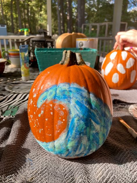 beachy pumpkin 🤙🏻 Beachy Pumpkin Painting Ideas, Ocean Pumpkin, Ocean Pumpkin Painting, Beach Theme Pumpkins, Beach Theme Pumpkin Carving, Ocean Themed Pumpkin Painting, Pumpkin Carving Beach Theme, Beach Pumpkins Coastal, Disney Pumpkin Painting