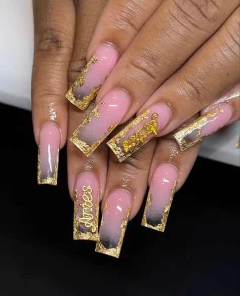 Aries Nails Ideas, Aries Birthday Nails Acrylic, Pink And Gold Birthday Nails, 19th Birthday Nails Ideas, Aries Inspired Nails, Aries Nails Acrylic, Aries Birthday Nails, Aries Nails, Gemini Nails