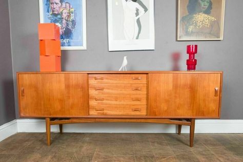 Vintage Retro Mid Century Teak Sideboard By Clausen And Sons | Clausen & Søn | Vinterior Teak Sideboard, Danish Furniture, Vintage Sideboard, Retro Mid Century, Wall Unit, Antique Items, Large Wall, Sliding Doors, Sideboard