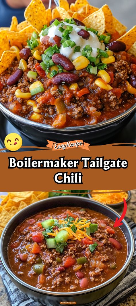 Get ready for game day with Boilermaker Tailgate Chili. This robust chili is packed with ground beef, sausage, beans, and a spicy kick, making it perfect for tailgating or any gathering. Hearty, spicy, and satisfying! #TailgateFood #ChiliRecipe #GameDayEats Tailgate Chili Boilermaker, Boiler Maker Tailgate Chili, Salsa Chili Recipe, Smoked Sausage Chili, Ground Beef Chilli Recipes, Chili Recipe Unique, Chili With Beans And Ground Beef, Boilermaker Chili Recipe, Spicy Chilli Recipe