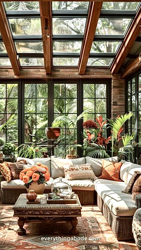 Atrium Living Room Design, Homes With Atriums, Atriums In Houses, Atrium House Indoor, Sunroom Art Studio, Narrow Sunroom, Home Atrium, Solarium Room, Sunroom Greenhouse