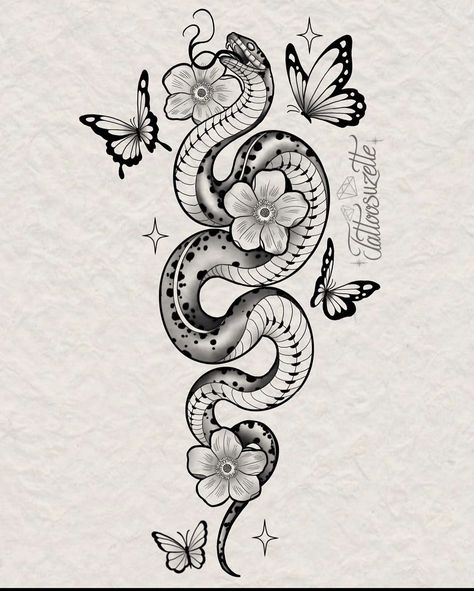 Snake In Garden Tattoo, Japanese Cobra Tattoo, Snake Flower Tattoo Design, Tattoo Ideas For Women Thigh, Tattoo Ideas For Women Minimalist, Snake And Butterfly Tattoo, Swirl Tattoo Designs, Feminine Hand Tattoo, Kids Names Tattoo