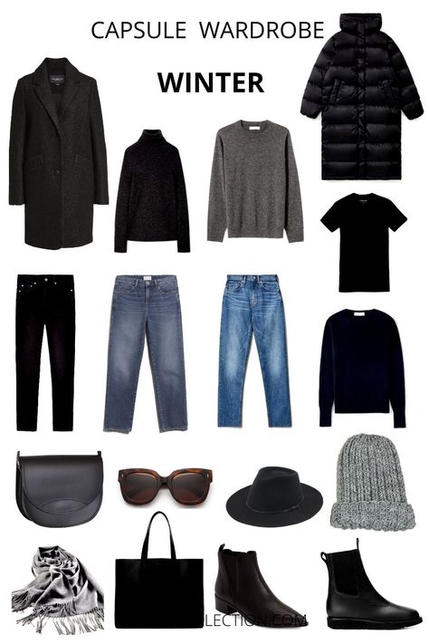 Staple Winter Wardrobe Pieces, 10 Item Wardrobe Winter, Winter Weekend Capsule Wardrobe, Practical Winter Outfits, Black And White Capsule Wardrobe, Winter Capsule Wardrobe 2022, Minimalism Wardrobe, Classic Winter Outfits, Minimal Winter Outfit