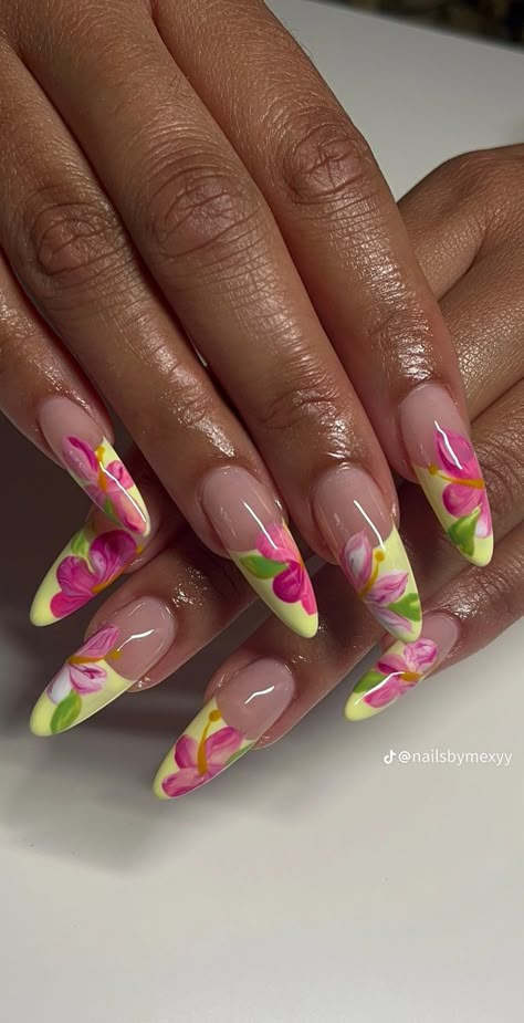 Plant Nail Designs Acrylic, Sculpted Flower Acrylic Nails, Y2k Floral Nails, Hawaiian Flower Nails Y2k, 2000s Nails Acrylic Flower, Hawaiian Nails, Acrylic Nails Stiletto, French Manicures, Light Blue Nails