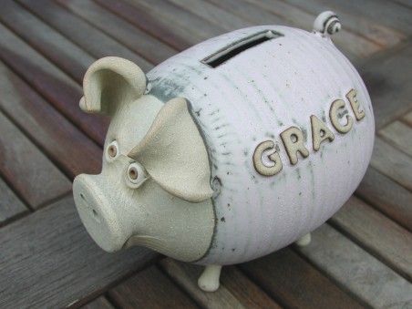 Add a name - make it unique | hand-made pottery from Muggins Pottery in Leicestershire - wedding gifts, birthday presents, christening presents and anniversary gifts. Ceramic Piggy Banks Pottery, Pottery Piggy Bank Ideas, Pottery Functional, Pottery Piggy Bank, Kitchen Pottery, Pig Bank, Functional Ceramics, Unique Pottery, Hand Building