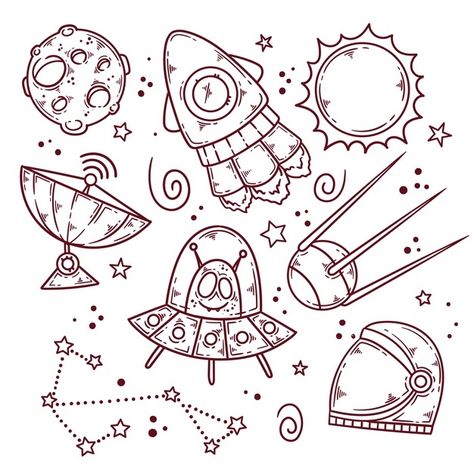 Outer space doodle hand drawn Free Vecto... | Free Vector #Freepik #freevector #hand-drawn #space #doodle #star Cute Space Doodles, Outer Space Doodles, Space Sketches, Outer Space Drawing, Outer Space Design, Space Cartoon, Space Doodles, Astronaut Illustration, Space Drawing