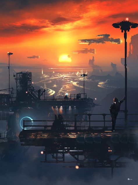 sci-fi sunset by Dmitriy KuzinBook cover art. Сollection of science fiction stories Ville Cyberpunk, Art Cyberpunk, Sci Fi Landscape, Sci Fi City, Sci Fi Environment, 8bit Art, Cyberpunk Aesthetic, Cyberpunk City, Arte Cyberpunk