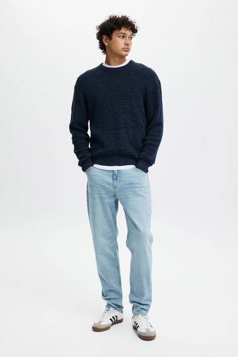 Cotton On Males - Relaxed Tapered Jean - Sometime blue- #Blue #Cotton #Jean #Men #Relaxed #Tapered Check more at https://howcandothis.com/manstyle/cotton-on-males-relaxed-tapered-jean-sometime-blue/ Relaxed Tapered Jeans Men, Mens Fashion Inspiration Summer, Modern Minimalist Fashion Men, Men’s Style Ideas, Relax Jeans Outfit, Men’s Outfit Inspo Winter, Tapered Jeans Men Outfit, Types Of Mens Fashion, Styling Loose Jeans