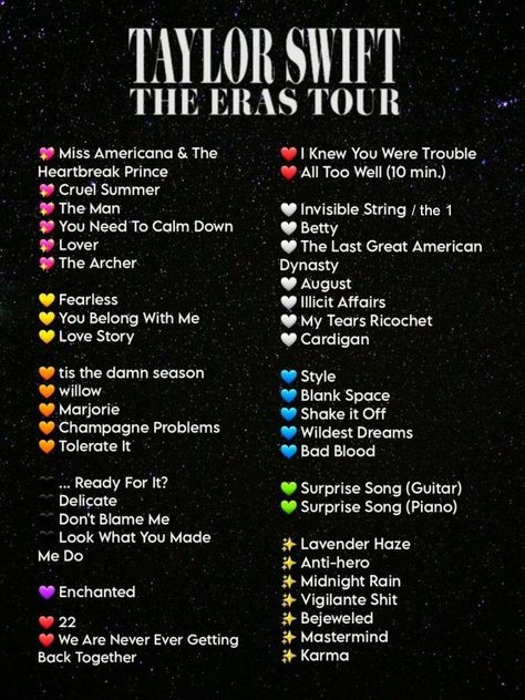 Eras Tour Tracklist, Taylor Swift Concert Outfit Ideas Fans Reputation, Taylor Swift Surprise Songs Eras Tour List, Taylor Swift Set List Eras, Eras Tour Watch Party Ideas, Eras Tour Song List, Taylor Swift Inspired Cat Names, Taylor Swift Eras Tour Set List, Eras Tour Watch Party