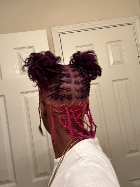 Valentines Day Loc Styles, Hairstyles Faux Locs, Female Loc Styles, Purple Locs, Purple Natural Hair, Pink Locs, Dreads Short Hair, Two Ponytail Hairstyles, Short Dreadlocks Styles