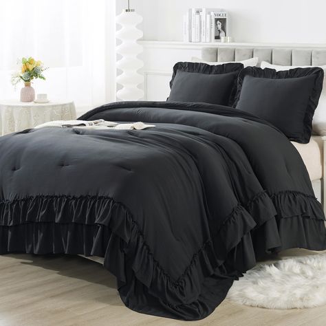 PRICES MAY VARY. Black Twin Comforter Set: Andency 2 pieces twin size comforter set includes 1 ruffle comforter (66x90 inches) and 1 pillowcase (20x26 inches). Our solid ruffle comforter set is suitable for any color scheme and room style. Elegant Ruffle Design: This bed comforter set is designed in a double ruffle design, matching with the same ruffle pillowcases, adding a touch of elegance and sophistication to your bedroom décor. Soft and Cozy Fabric: The black comforter is made from premium Cute Black Bed Set, Black King Comforter Sets, Black Bed Comforters Bedroom Ideas, Amazon Comforter Sets, Black Bed Design, Gothic Comforter, Black Comforter Bedroom, Bedding Amazon, Gothic Bedding