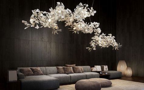 Artist Andreea Braescu creates bespoke lighting installations using hand-carved bone china petals and leaves. Modern Luxury Lighting, Lampe Metal, Organic Sculpture, Branch Chandelier, Bespoke Lighting, Light Sculpture, White Lamp, Metal Lamp, Brass Lamp