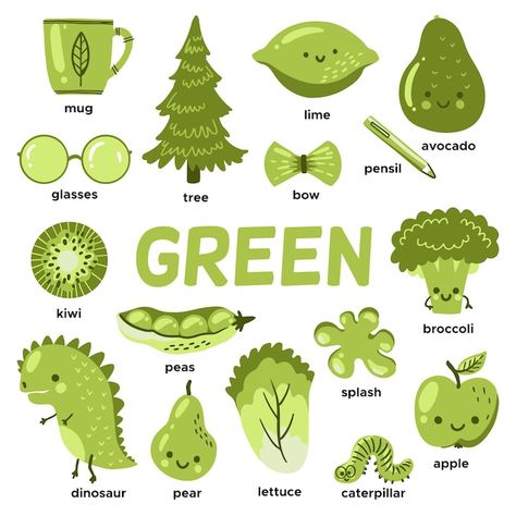 Green objects and vocabulary words Free ... | Free Vector #Freepik #freevector #worksheet #school-activity #kindergarten-school #vocabulary Green Objects For Kids, Green Objects, Nursery Projects, Loose Painting, Toddler Book, Yellow Words, Work Profile, Flower Templates Printable, Handwriting Practice Worksheets