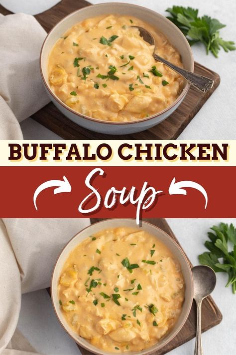 This buffalo chicken soup with tender chicken, veggies, buffalo sauce, and cheddar cheese is comfort food at its best. Trust me, one bowl isn't enough. Chicken Soup Easy, Chicken Wing Soup Recipe, Chicken Broth Soup, Rotisserie Chicken Soup, Chicken Potato Soup, Chicken Soup Crockpot, Campbells Soup Recipes, Chicken Chowder, Buffalo Chicken Soup