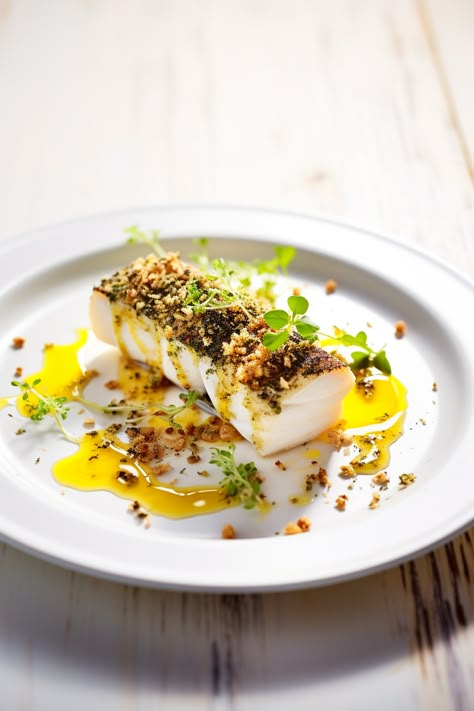 "Experience the Fresh Flavours: Baked Cod with a Crust of Herbs and Lemon Zest Recipe" Fine Cuisine Recipes, Fine Dining Fish Recipes, Best Cod Fish Recipes, Seafood Fine Dining, Cod Dinner, Crusted Cod, Cod Dishes, Food Presentation Plates, Seafood Entrees