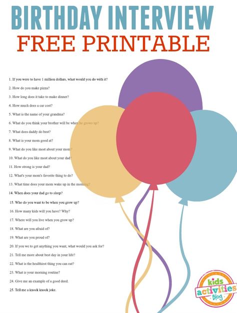 Love annual birthday interviews! Here's a free printable birthday interview questionnaire to help you come up with questions to ask. Who Know The Birthday Girl The Best, Who Knows The Birthday Girl Best, Birthday Interview Questions, Birthday Questions, Birthday Interview, 25 Questions, Birthday Traditions, Funny Questions, Printable Kids