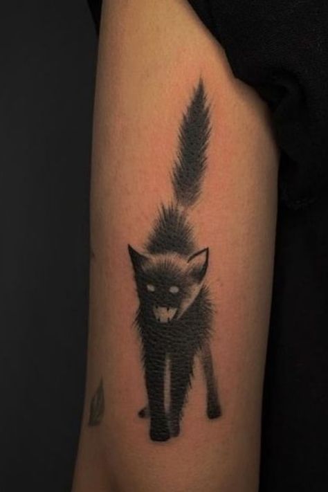 Cat Hissing Tattoo, Scared Cat Tattoo, Hissing Cat Tattoo, Creepy Cat Tattoo, Cat Scratch Tattoo, Scratch Tattoo, Black Cat Tattoos, Creepy Cat, Cat Tat