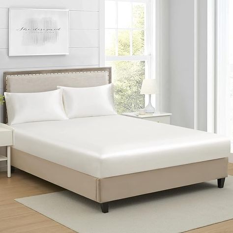 Amazon.com: Queen Silk Satin Fitted Sheet, Soft Deep Pocket Single Bottom Bed Sheets Sold Separately, Wrinkle Free, Non- Fading, Breathable, Fully Elasticized(Queen Size, White) : Home & Kitchen Perfect Bedding, Fitted Bed Sheets, White Home, Mattress Covers, Mattress Protector, California King, Sleep Comfortably, Ivory White, Wrinkle Free