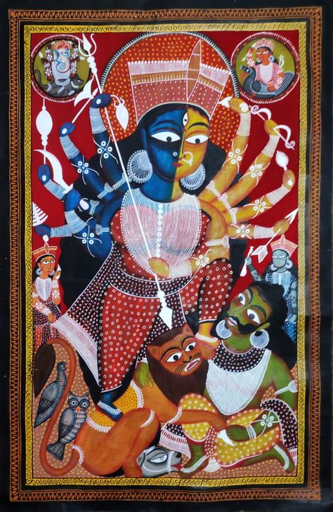 Kalighat Paintings Durga, Kalighat Pot Painting, Kalamezhuthu Painting, Durga Kalighat Painting, Kalighat Paintings Art, Kalighat Paintings Folk, Kalighat Patachitra, Bengal Painting, Meenakari Painting