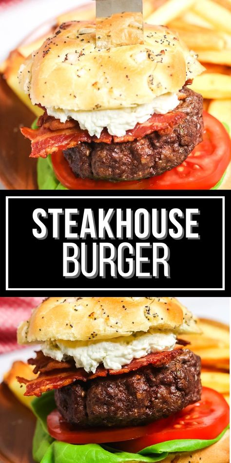 A steakhouse burger is a decadent burger that you can make at home from scratch but have all the amazing flavor of a true American steakhouse burger. Steakhouse Burgers, Steakhouse Burger Recipe, Homemade Steak Sauce, Glazed Onions, Burger Board, Steakhouse Burger, Copycat Food, Sliders Recipes, Steak Burger