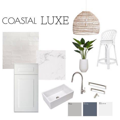 Coastal Chic Kitchen, Coastal Luxe Interiors, Modern Coastal Kitchen, Coastal Luxe, Luxe Kitchen, Materials Board Interior Design, Design Mood Board, Kitchen Mood Board, Kitchen Interior Design