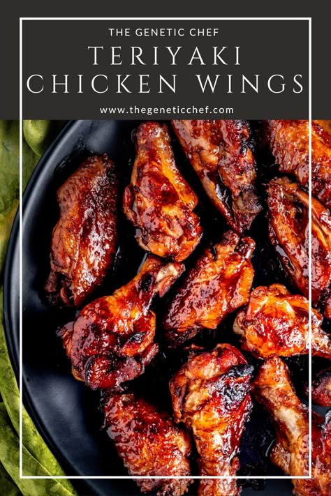 Super delicious and addictive teriyaki chicken wings prepared in minutes then baked until the sauce thickens and sticks to the wings. This is a simple recipe with no marinating required. Make plenty because they are addictive! #chickenwings #wings #teriyakiwings #chicken #partyfood | @thegeneticchef Fried Teriyaki Chicken Wings, Hot Teriyaki Wing Sauce, Chicken Wing Teriyaki Recipe, Chicken Wings Teriyaki, Oven Baked Teriyaki Chicken Wings, Baked Teriyaki Chicken Wings, Roasted Chicken Leg Quarters, Seafood Casserole Recipes, Teriyaki Chicken Wings