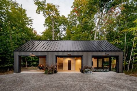 Metal Garages With Living Quarters, Modern Shop With Living Quarters, Metal Garage Ideas Exterior, Modern Garage With Living Quarters, Small Living Quarters In Shop, Gym Addition To House, Garage Event Space, Metal Pole Barn Garage, Metal Garage With Living Quarters