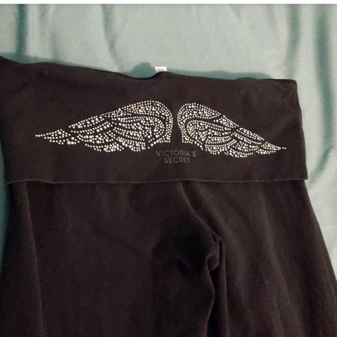 Victoria’s Secret black foldover leggings with... - Depop Victoria Secret Foldover Leggings, Foldover Leggings, Fold Over Leggings, Wing Design, Wings Design, Flare Leggings, Victoria Secret, Victoria’s Secret, Leggings