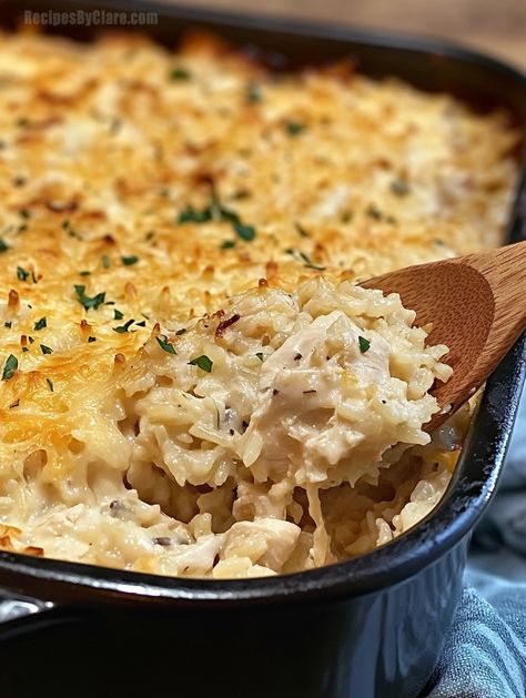 Creamy, cheesy, and packed with tender chicken and rice, this one-pan Chicken and Rice Casserole is perfect for busy weeknights. Chicken And Rice Rice A Roni, Ritz Chicken Casserole With Rice, Mamaws Chicken And Rice Casserole, Chicken And Rice Casserole Recipes With Ritz Crackers, Creamy Chicken And Rice Casserole Delight, Quick Easy Weeknight Meals, Chicken And Rice Onion Soup Casserole, Weeknight Dinner Casserole, Casserole Recipes Chicken Rice