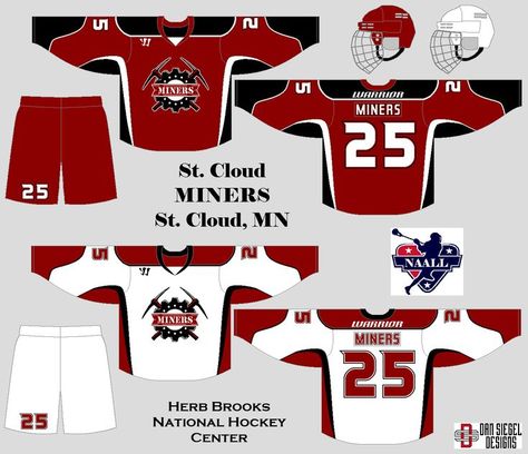 St. Cloud Miners uniform set concept Hockey Uniform Design, Football Uniforms Design, Hockey Uniform, American Football Uniforms, Lacrosse Team, Jersey Fashion, Sport Shirt Design, Ice Hockey Teams, St Cloud