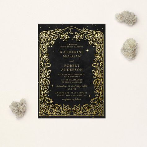 Celestial Midnight Black Stars Moon Wedding Foil Invitation #zazzle #weddinginvitations #birthdayinvitations #babyshowerinvitations #zazzleinvitations #monogram #businesscards #graduation #homedecor Midnight Blue And Gold, Popular Wedding Invitations, Wedding Announcement Cards, Moon Wedding, Foil Wedding Invitations, Stars Moon, Black Stars, Midnight Sky, Foil Invitations