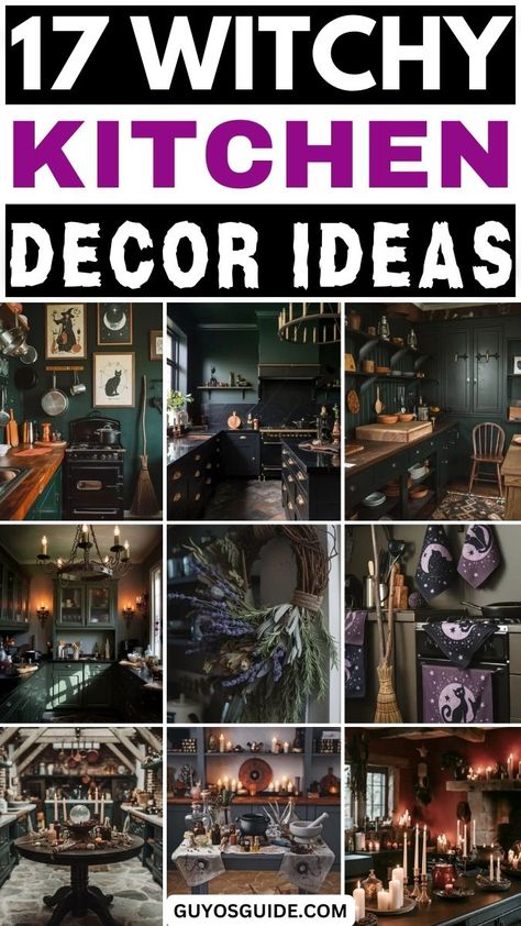 17 Witchy Kitchen Decor Ideas Witchy Kitchen Ideas, Mystical Kitchen, Horror Kitchen, Witchy Kitchen Decor, Spooky Wall Art, Witchy Kitchen, Spooky Kitchen, Halloween Kitchen Decor, The Black Cauldron