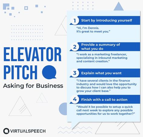 Example of an elevator pitch when asking for business. First introduce yourself, then provide a summary of what you do and explain what you want. Finally, finish with a call to action. Elevator Pitch Ideas, Business Pitch Presentation, Elevator Pitch Examples, Small Business Plan Template, Pitch Template, Pitch Presentation, Marketing Strategy Template, Soft Skills Training, Elevator Pitch