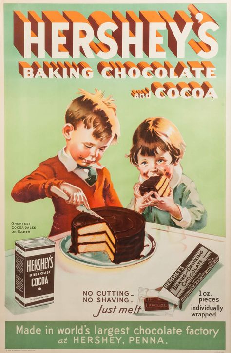 c. 1934 Vintage Hershey's Baking Chocolate & Cocoa Poster | Cottone Chocolate Ads, Chocolate Advertisement, Baking Poster, 1950s Posters, Vintage Food Posters, Hersheys Chocolate, Advertisement Poster, Baking Chocolate, Vintage Baking