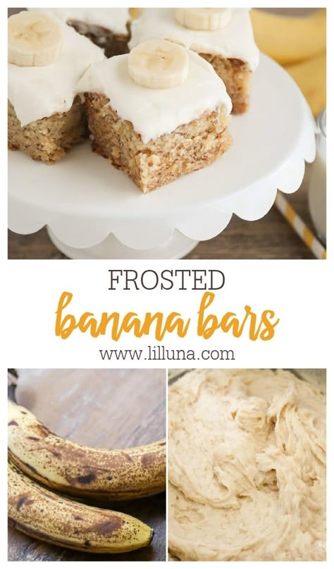 If you like bananas, you'll LOVE these frosted Banana Bars. Tender, delicious, and perfect for a crowd, they're irresistible! #bananarecipes #bananabars #bananabread #dessert #banana Banana Bars With Cream Cheese Frosting, Frosted Banana Bars, Yummy Brownies, Dessert Banana, Banana Bread Bars, Amazing Snacks, Healthy Treats Recipes, Banana Bars, Sheet Cake Pan