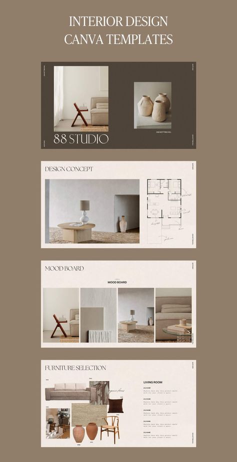 Interior Design Canva Client Presentation Mood Board Template Client Profile Interior Design, Portfolio D'architecture, Interior Design Presentation Boards, Design De Configuration, Interior Presentation, Interior Design Portfolio Layout, Interior Design Template, Client Profile, Interior Design Layout