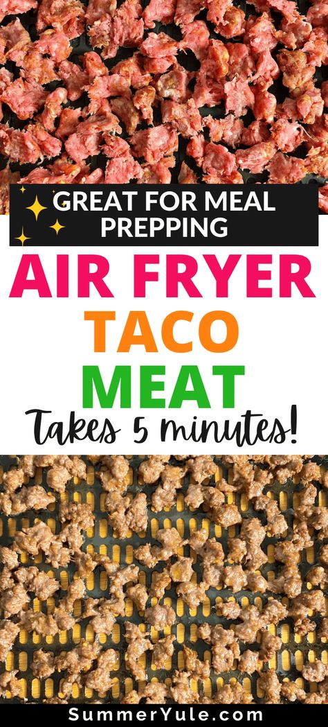 Can you air fry taco meat? Yes indeed! You can brown meat in an air fryer, and the process is more hands off than using a skillet. This air fryer ground beef recipe cooks in only 5 minutes! Use your air fryer taco meat to make the best taco bowls, or try it in air fryer ground beef tacos. You’ll love how quick, easy, and versatile making air fried beef mince is. Taco In Air Fryer, Airfryer Ground Beef Recipes, Air Fryer Taco Meat, Ground Beef Air Fryer, Beef In Air Fryer, Ground Beef Taquitos Air Fryer, Ground Beef Quesadillas Air Fryer, Meat Bowls, Ground Beef Burritos