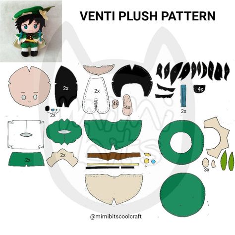 @mimibitscoolcraft on Instagram: “Hi coolcrafters, this is the pattern for Venti. You can use it for free to make your own venti plushie, for the video tutorial you can find…” How To Make Plushies Tutorials, Venti Papercraft, Plushie Making Tutorial, How To Make A Paper Doll, How To Make Plushies, Venti Body Pillow, Felt Plushies Pattern Free, Venti Crochet, Anime Felt Pattern