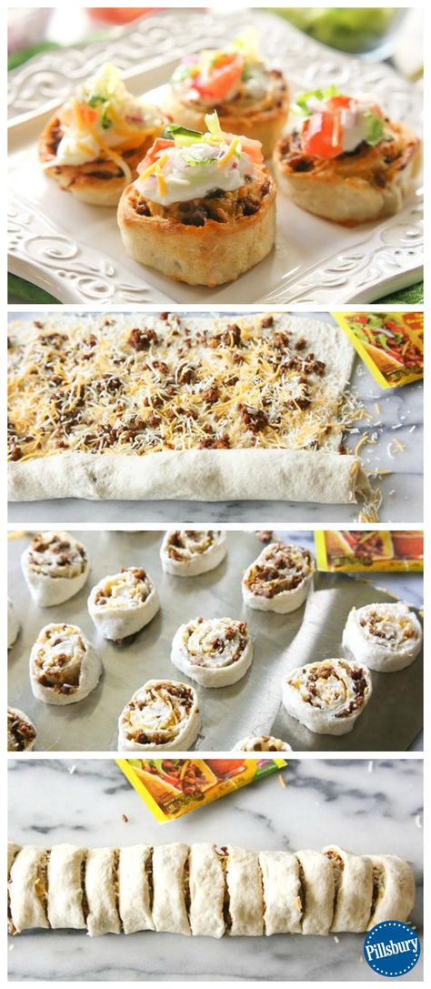 Taco-anything makes us smile! Create these fun Taco Pinwheels tonight for a delicious and fresh take on a weekday dinner favorite. Taco Wheel Recipe, Taco Tuesday For Two, Taco Roll Ups Pizza Dough, Taco Pin Wheel Recipes, Taco Pin Wheels, Taco Pinwheel Recipes, Taco Finger Food Ideas, Meat Pinwheels Roll Ups, Taco Wheel