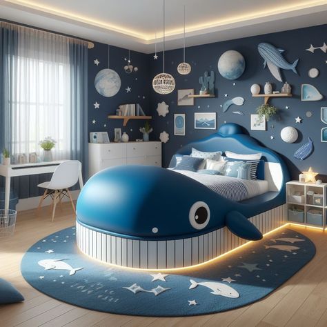 Whale shaped bed for kid bedroom😴 🐋🛏️ Ocean Kids Room, Green Kids Rooms, Ocean Room, Woodworking Cabinets, Kid Bedroom, Ocean Kids, Baby Boy Room Decor, Creative Bedroom, Boys Bedrooms