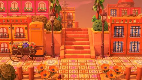 Animal Crossing New Horizon Acnh Mexican Restaurant, Acnh Mexico Design, Mexico Animal Crossing, Mexican Animal Crossing, Animal Crossing Mexican Design, Acnh Mexican Designs, Acnh Builds, Island Layout, Mexican Garden