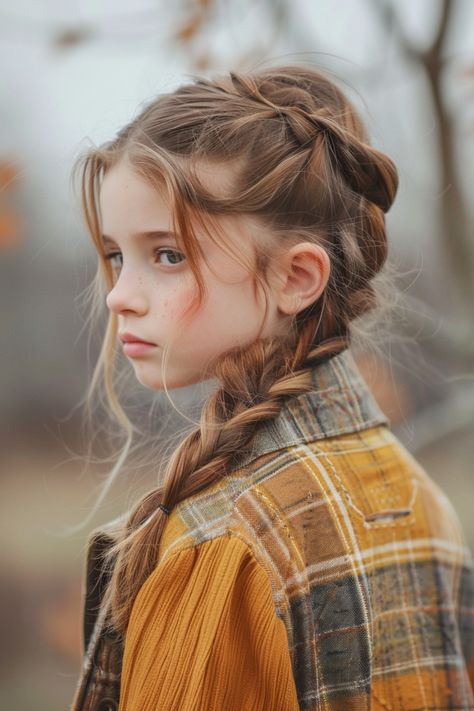 Young girl with braided hair wearing a plaid shirt, looking pensively to the side outdoors. School Photo Hairstyles Hair Up, Hair Style For Girls 10 Years Old, Fun Ponytails, New Braided Hairstyles, Cute Ponytails, Hair To One Side, Simple Ponytails, Small Braids, Pigtail Hairstyles